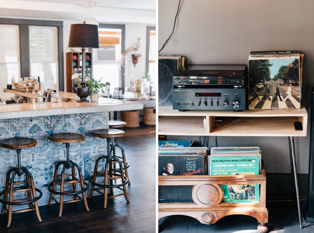 Bar area with blue details at Foxfire Mountain House's boutique inn by Emily Wren Photography