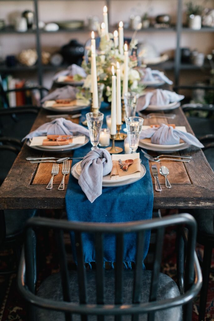 Place settings for an intimate wedding dinner at a boutique hotel in upstate New York