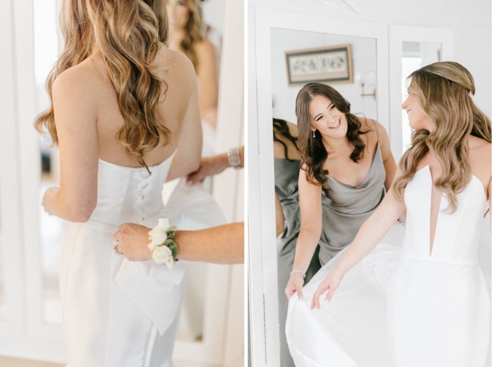 Bride putting on her wedding dress for an elegant spring wedding by Emily Wren Photography