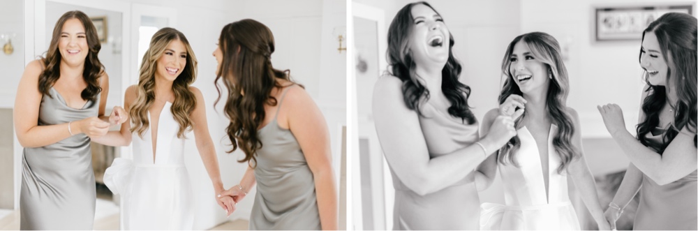 Bride and bridesmaids laughing as they get ready for an elegant spring wedding