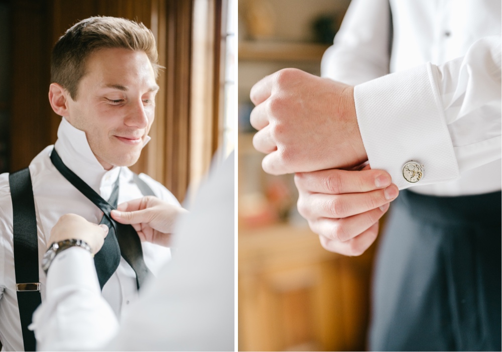 Groom putting on his custom cufflinks while getting ready for an elegant NJ wedding