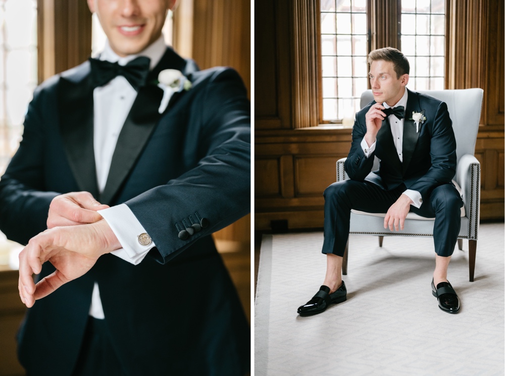 Groom in his tuxedo the morning of a rainy spring wedding day by Emily Wren Photography