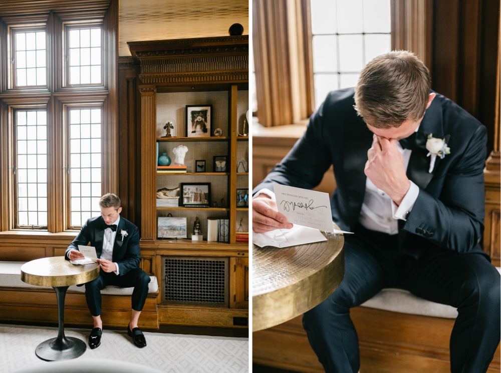 Groom cries while reading a letter from the bride the morning of an elegant New Jersey spring wedding
