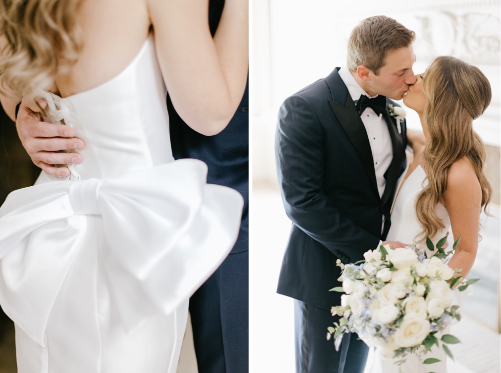 Bride and groom kiss during their first look at their elegant Natirar wedding