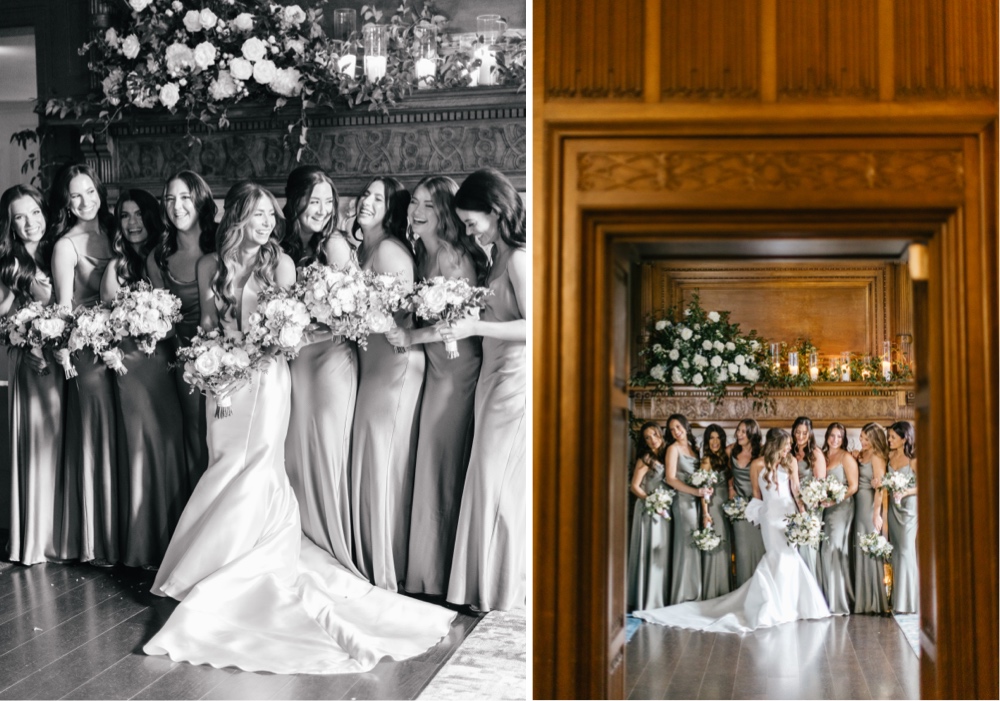 Bride and bridesmaids in grey dresses laughing in front of the dramatic fireplace at Natirar