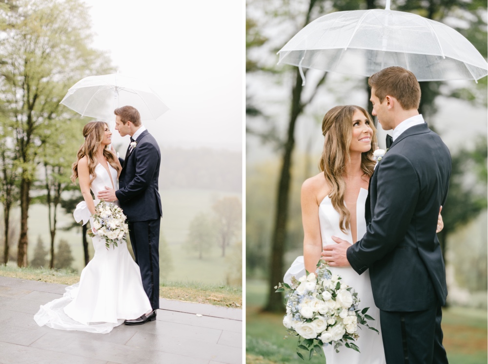 Bride and groom on their cozy and rainy spring wedding day at Natirar in New Jersey