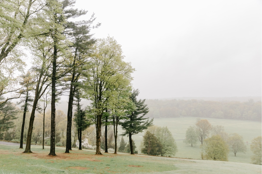 Misty spring landscape on a wedding day at Natirar in New Jersey