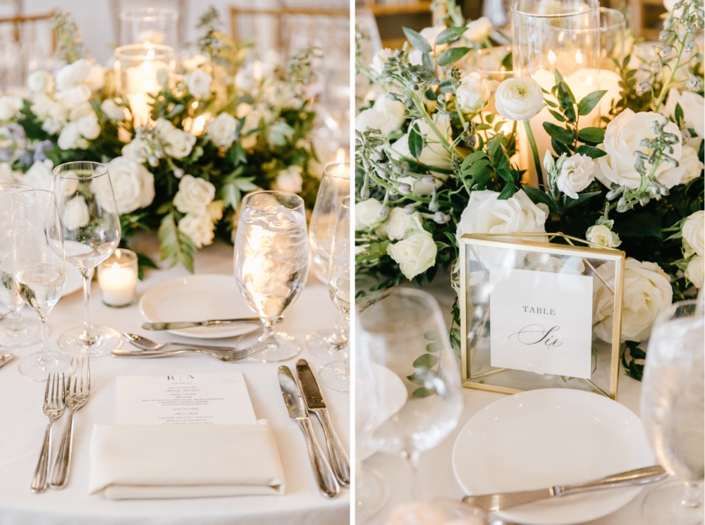 Table numbers and white floral centerpieces for a luxury spring wedding reception at Natirar