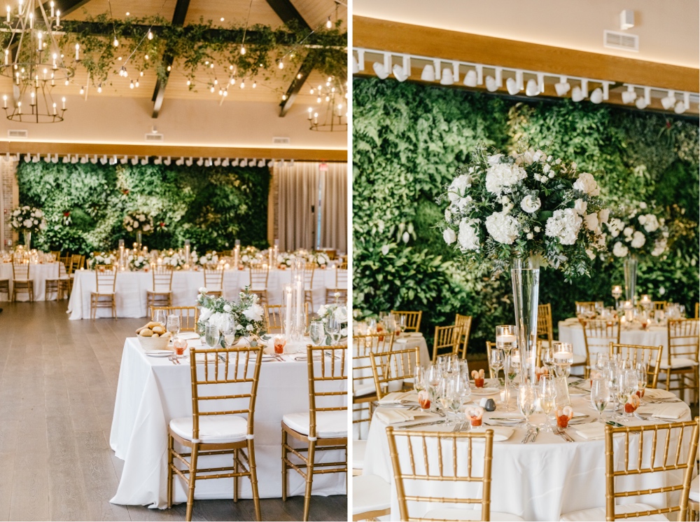 Tall floral centerpieces with a greenery wall at an elegant Natirar wedding reception in NJ