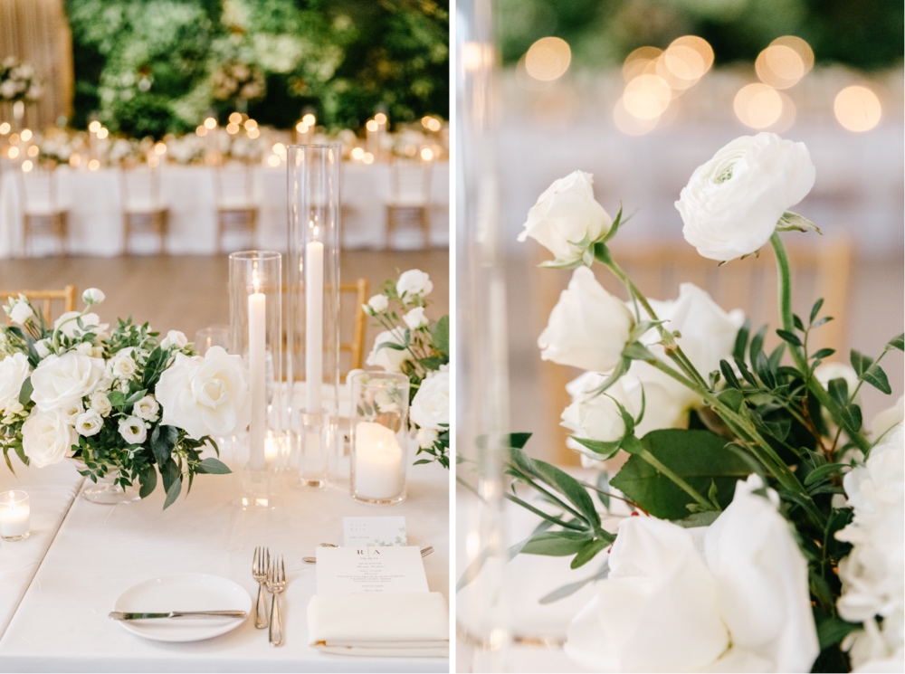 Cozy table decor at an elegant spring wedding reception at Natirar