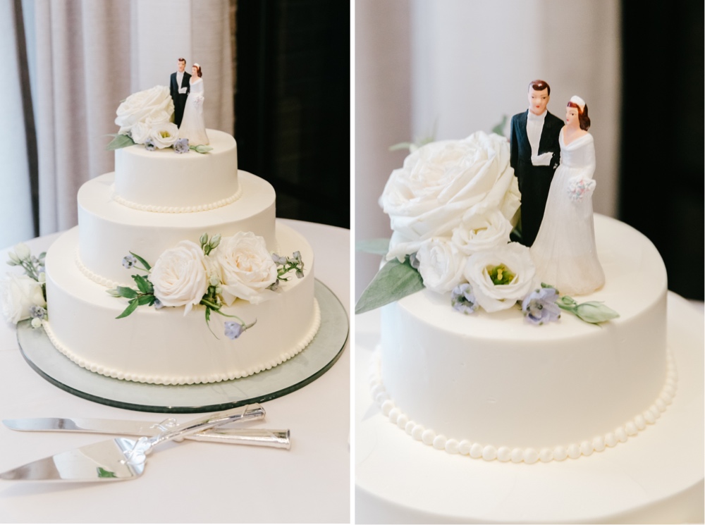 Classic white cake and vintage inspired wedding cake topper for an cozy reception in NJ