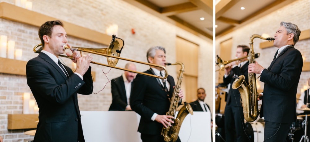 Wedding band playing the trumpet and saxophone for an intimate wedding reception