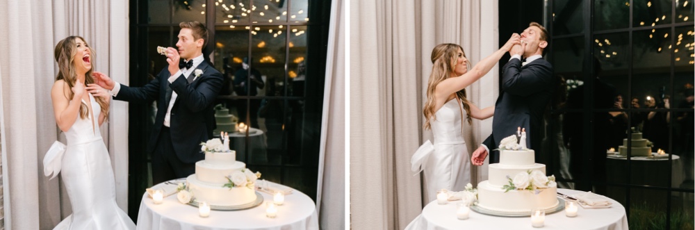Newlyweds cut the cake at an upscale spring wedding reception in New Jersey