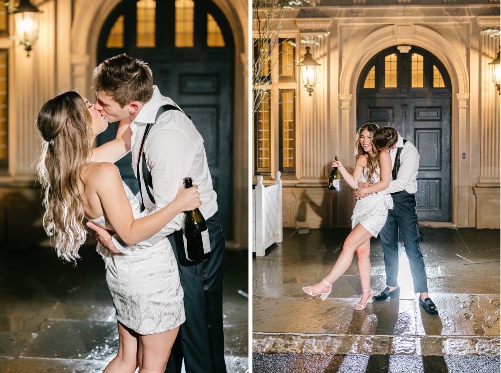Bride and groom kiss after popping champagne on their rainy spring wedding day