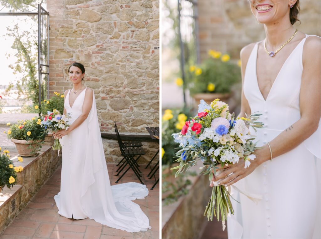Bride in a flowing wedding gown with buttons on the front at an Tuscan destination wedding