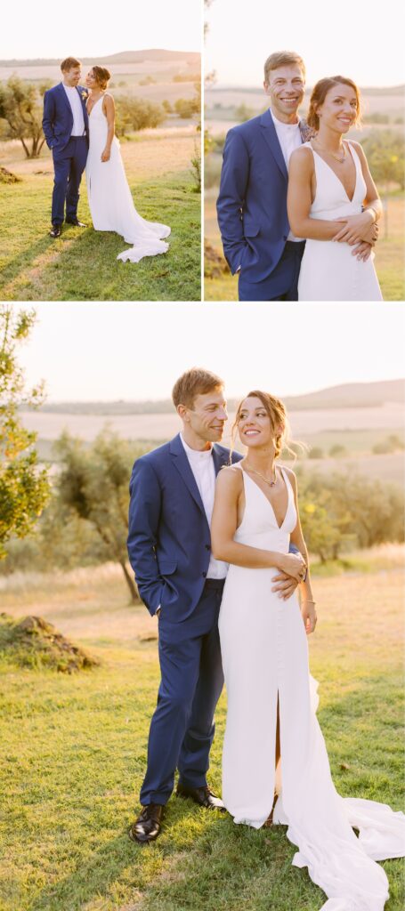 Newlyweds smiling during sunset at their destination wedding in Tuscany by Emily Wren Photography