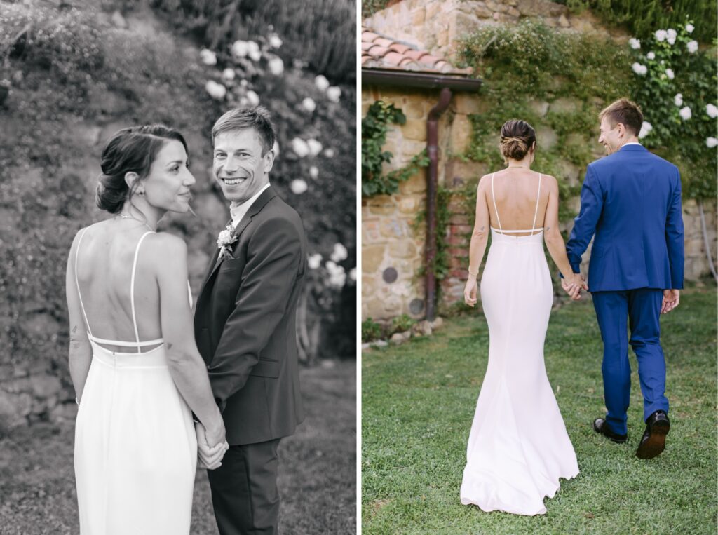 Bride and groom in a rose garden at a destination wedding in Italy by Emily Wren Photography