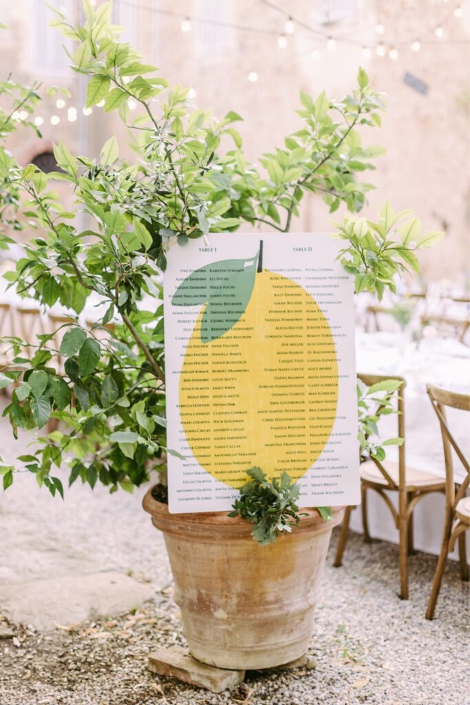 Wedding guest seating chart with a lemon illustration by Emily Wren Photography