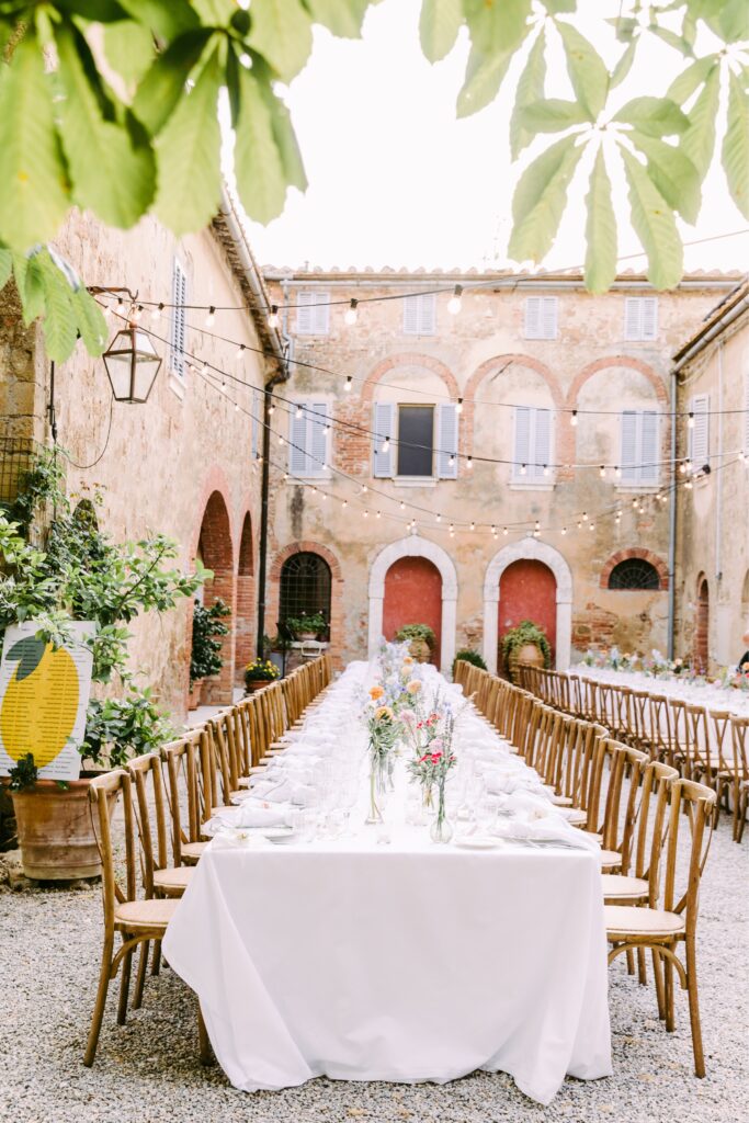 Al fresco wedding reception at a destination wedding in Tuscany, Italy