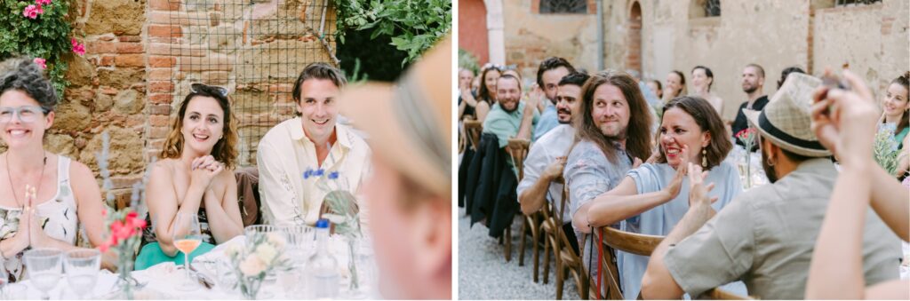 Wedding guests clap as the bride and groom enter their al fresco wedding reception