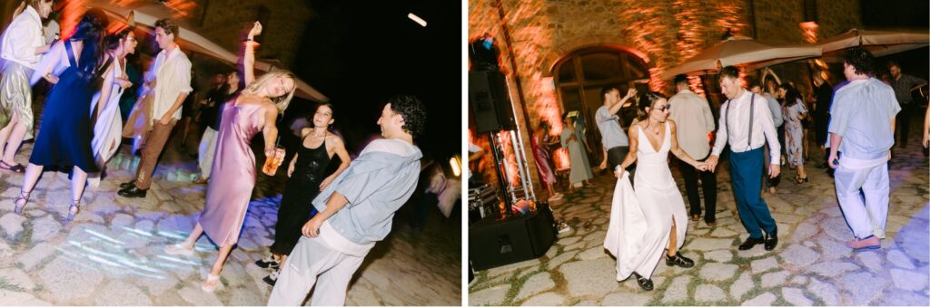 Bride and groom dance with their wedding guests at an outdoor courtyard reception