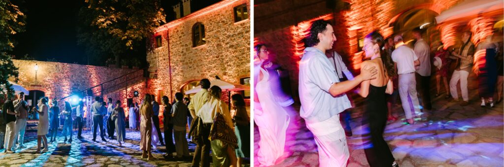 Wedding guests dancing at a wedding reception at The Borgo Estate in Italy
