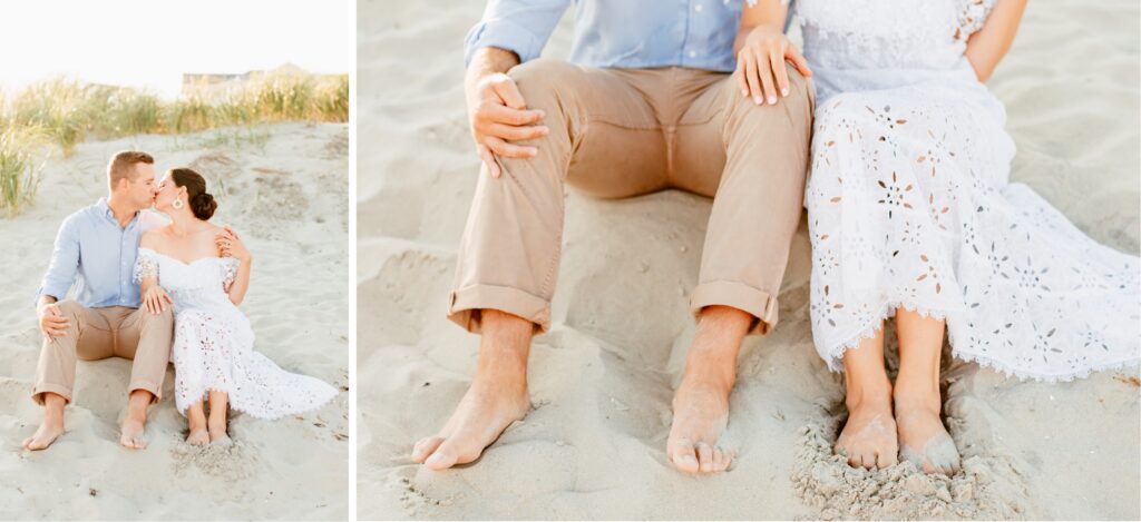 Couple kissing in the sand dunes during a beach engagement session in Sea Isle