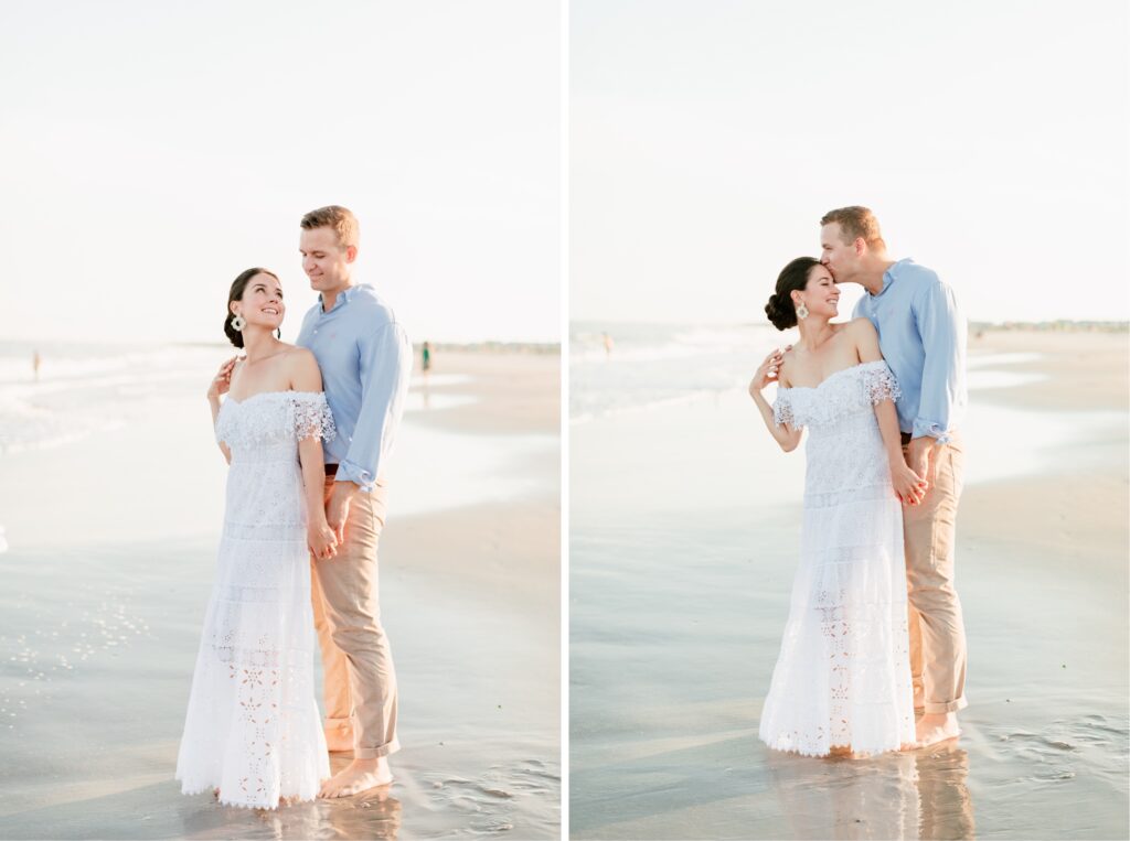 Engaged couple standing in the ocean at the Jersey Shore by Emily Wren Photography