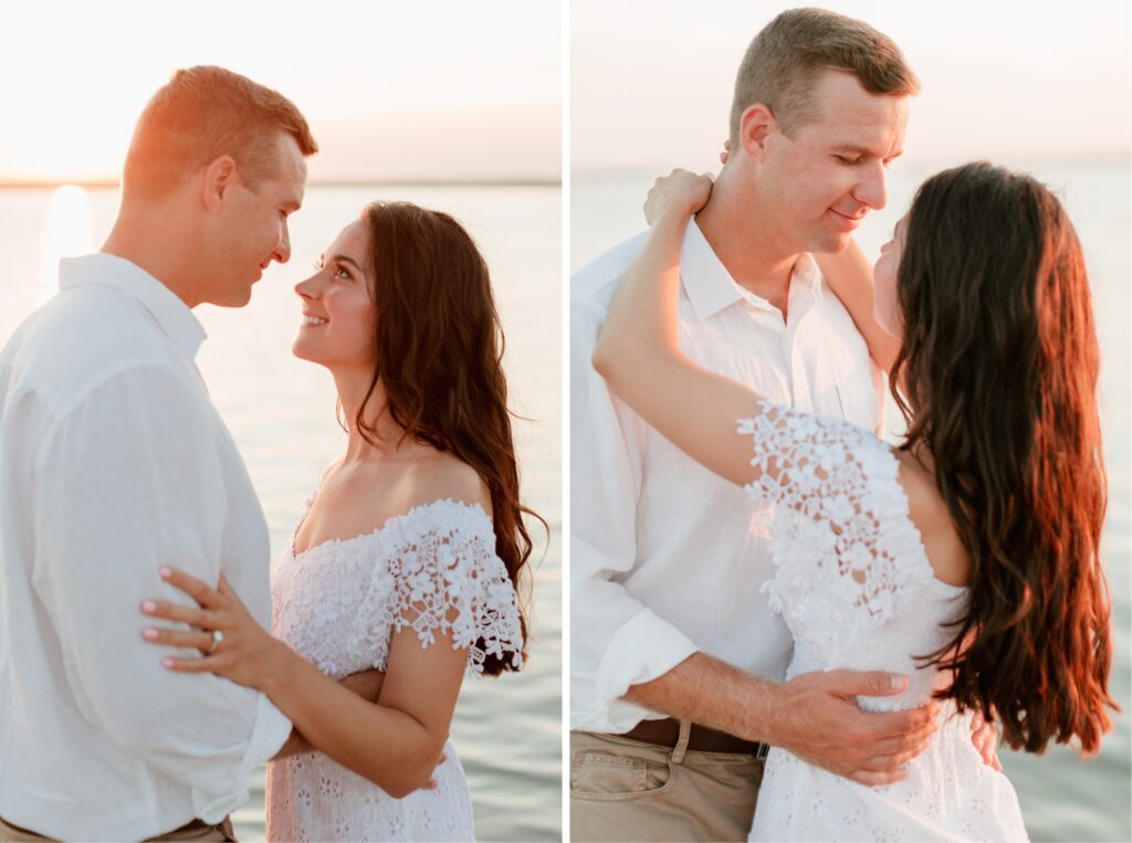 Couple looking at each other during a summer sunset engagement shoot on the beach in Sea Isle