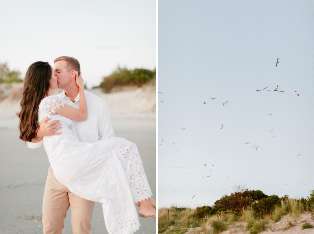 Couple kissing at sunset during a beach engagement session with Emily Wren Photography