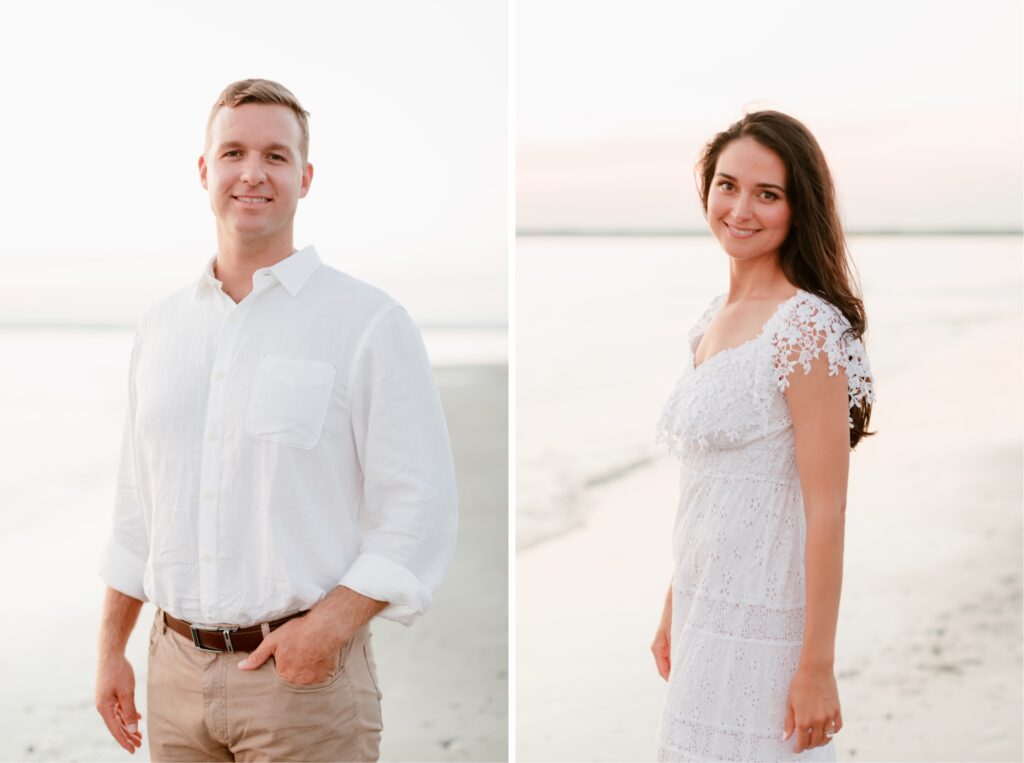 Engaged couple on the beach at sunset by Emily Wren Photography