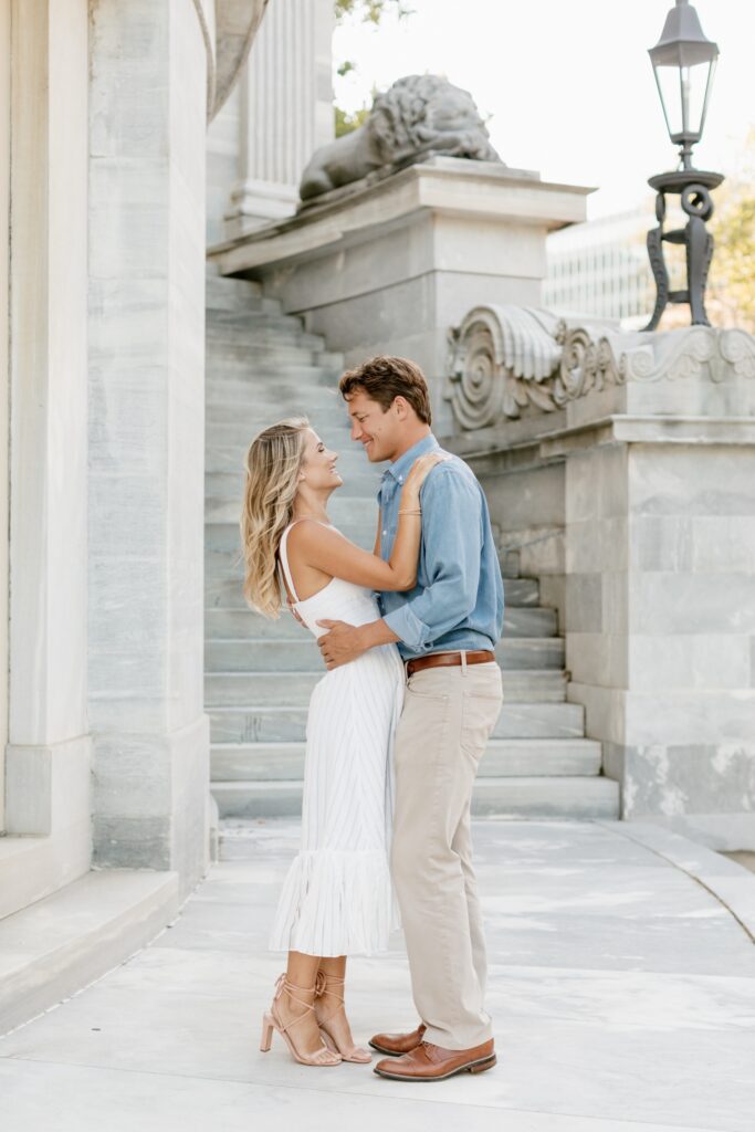 Philadelphia couple during a summer engagement session at Merchants' Exchange