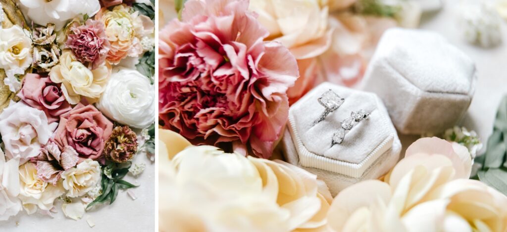 Blush pink and white flowers surrounding wedding and engagement rings
