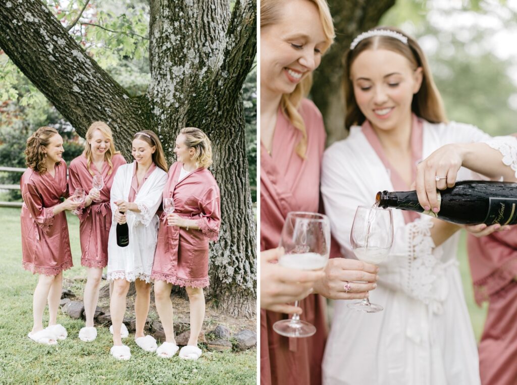 a bride pouring champagne for her bridesmaids at the Inn at Grace Winery