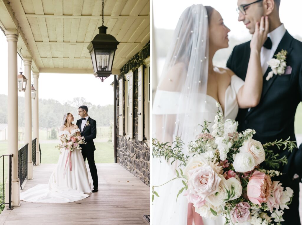 bride and groom posing in Glen Mills, PA with blush pink floral bouquet