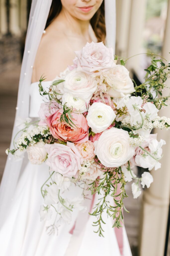 blush pink and white roses floral wedding bouquet