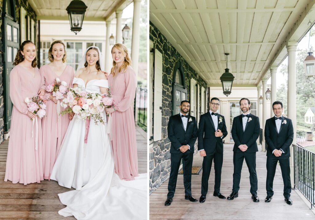 bride and groom posing with their intimate bridal party