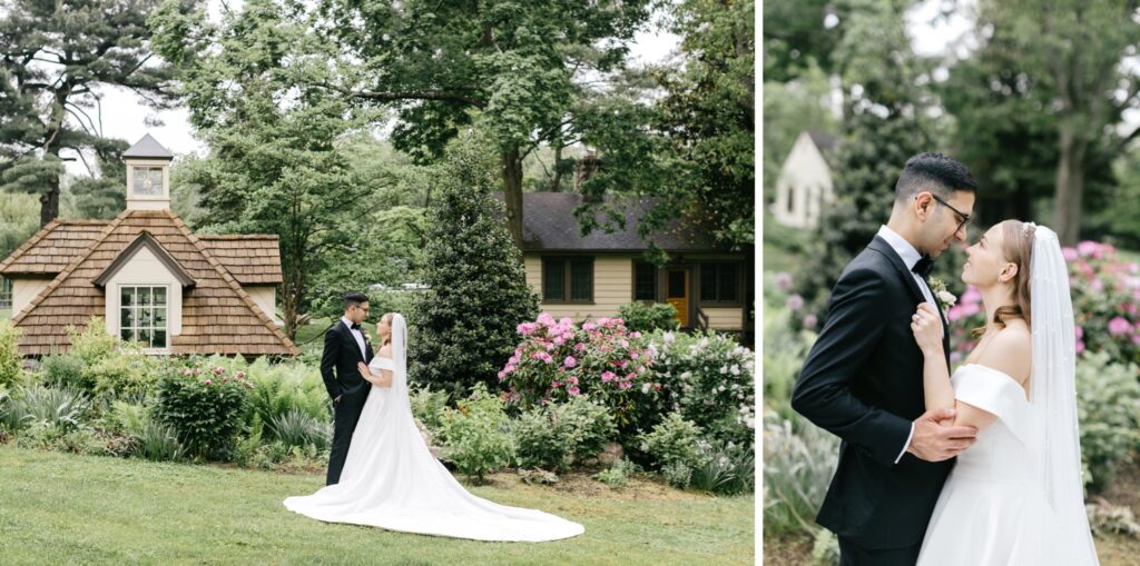 bride and groom posing in front of ethereal buildings and floral bushes before their Spring wedding