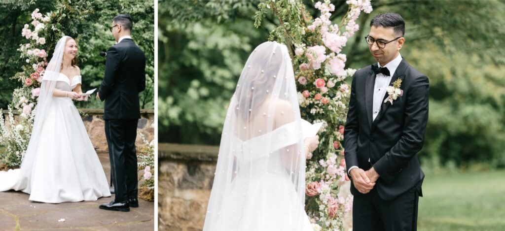 groom and brides point of view during their Pennsylvania garden wedding ceremony