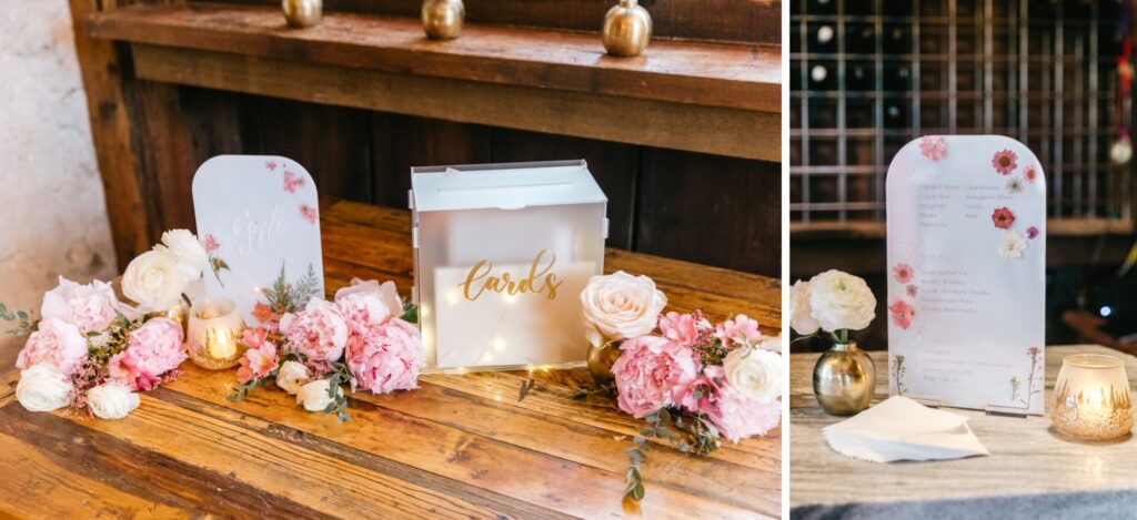 cocktail menu with blush pink flowers and white roses decorating the bar