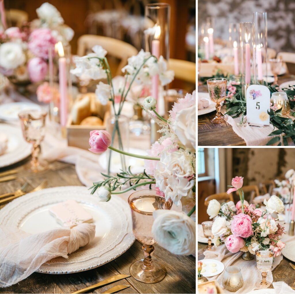 Pink and white flowers decorating the tables at a Pennsylvania Spring Garden wedding