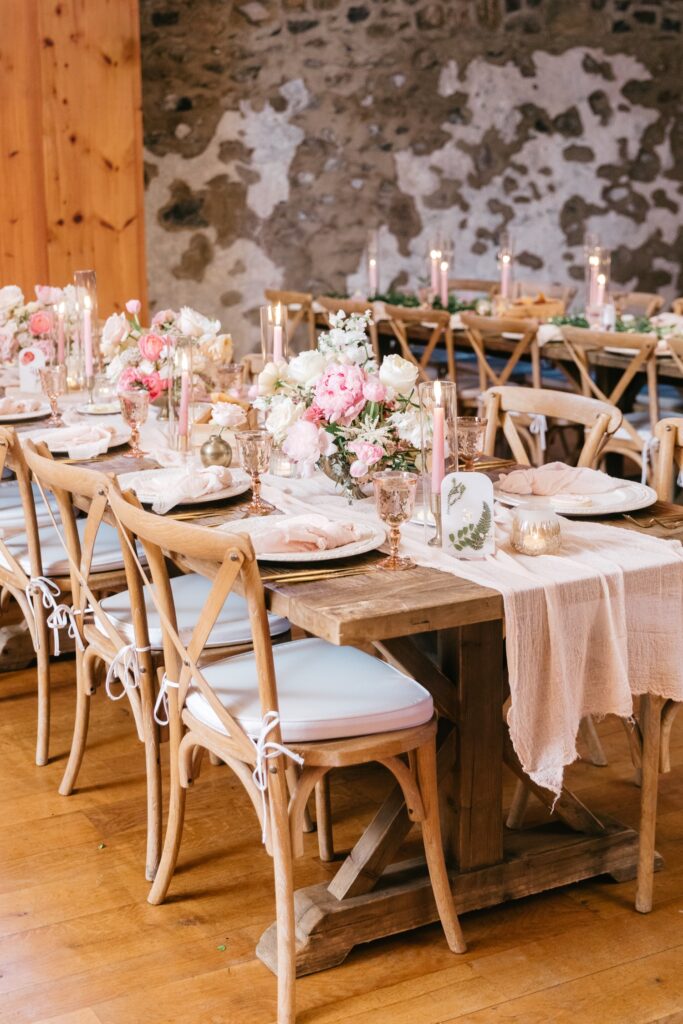Pink themed wedding reception tables for a Spring wedding in Pennsylvania