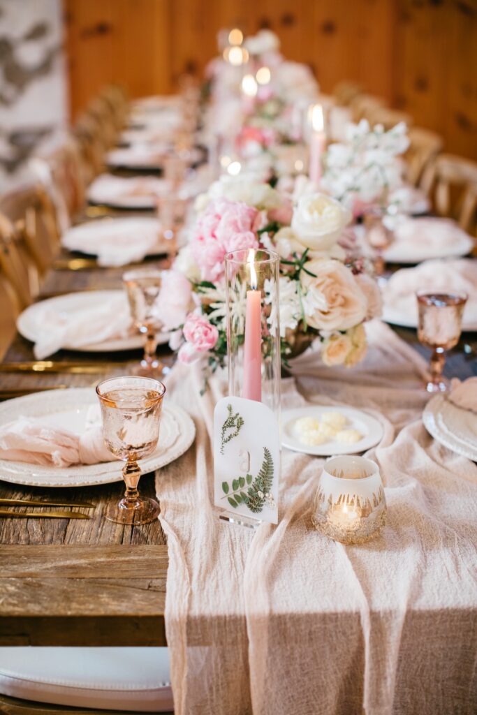 Pink themed tablescapes for a Spring garden wedding