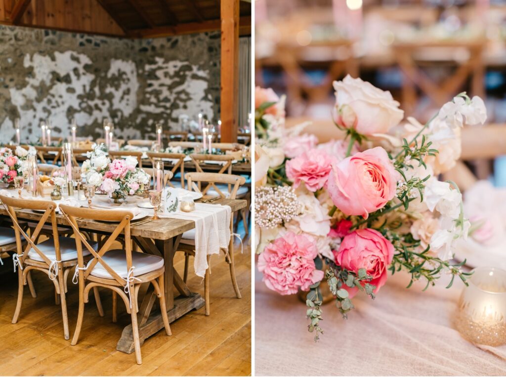 pink floral arrangement for spring wedding reception