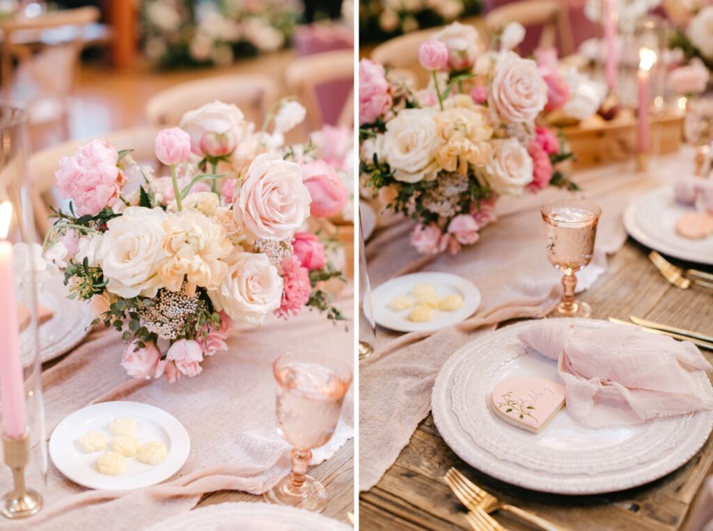 floral centerpiece for nature themed wedding featuring blush pinks, coral and babies breath