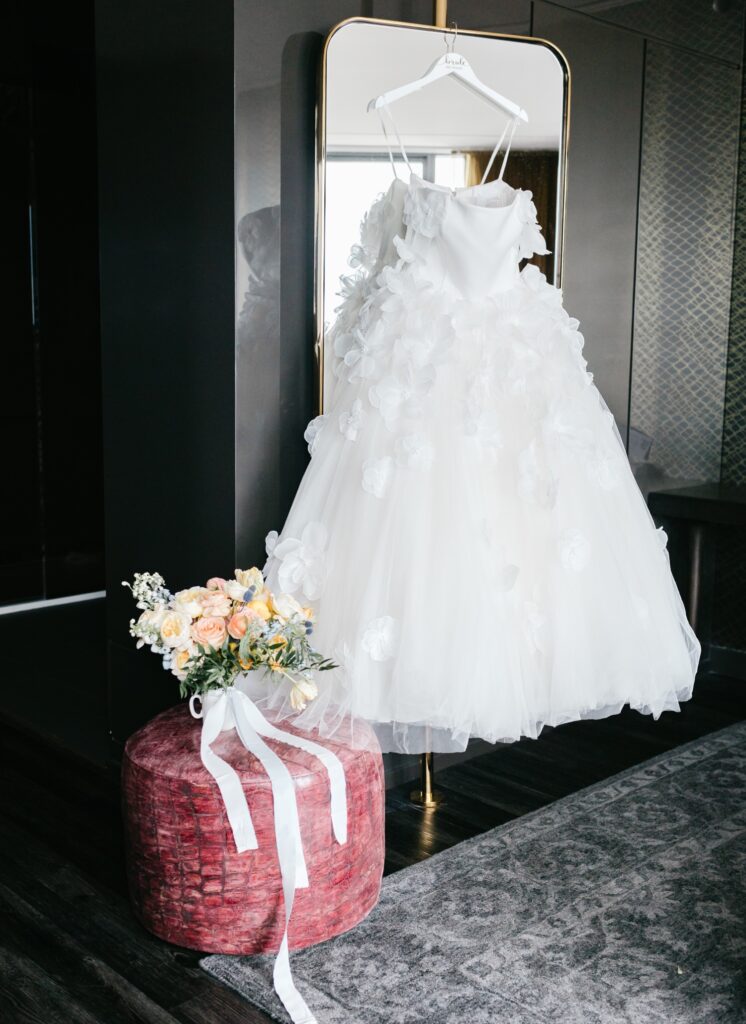 Wedding dress with floral appliques at the Four Seasons Hotel in Philadelphia