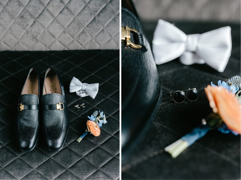 Grooms shoes and cufflinks for a Spring city wedding