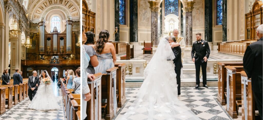 Father giving away the bride in the church aisle in a Philadelphia cathedral