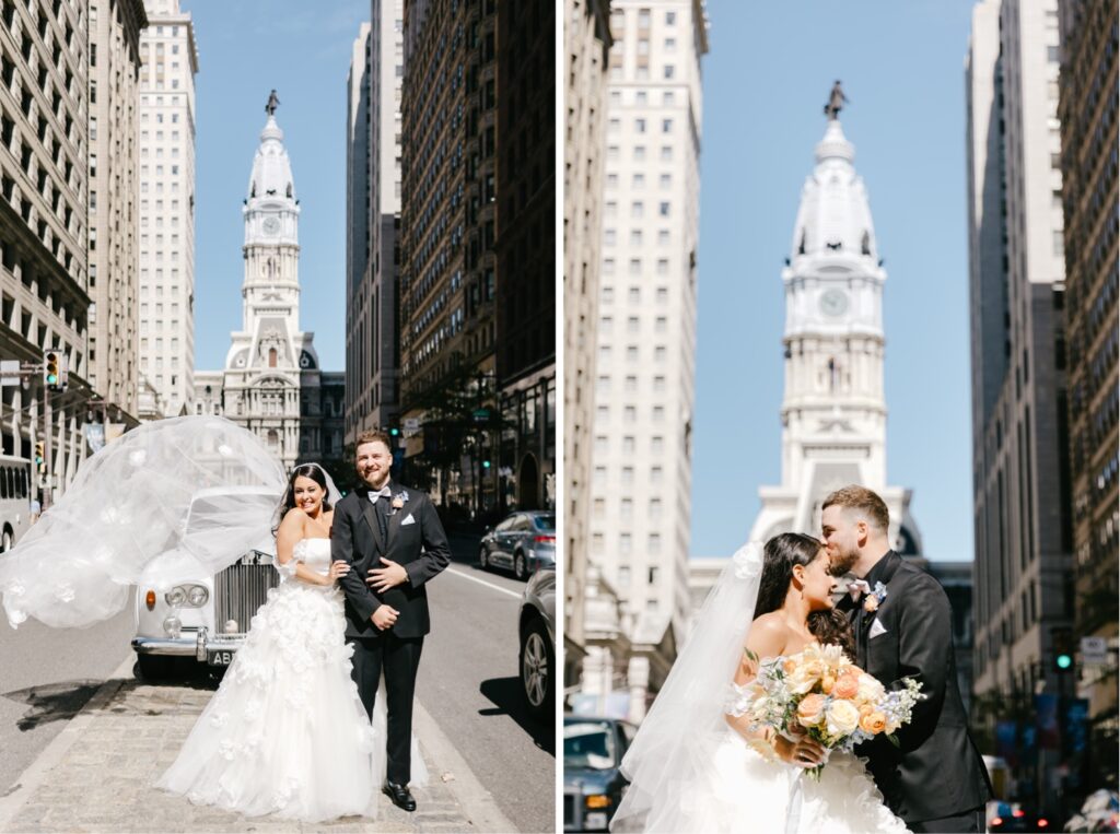 Center City Philadelphia Bride and Groom posing in front of City Hall