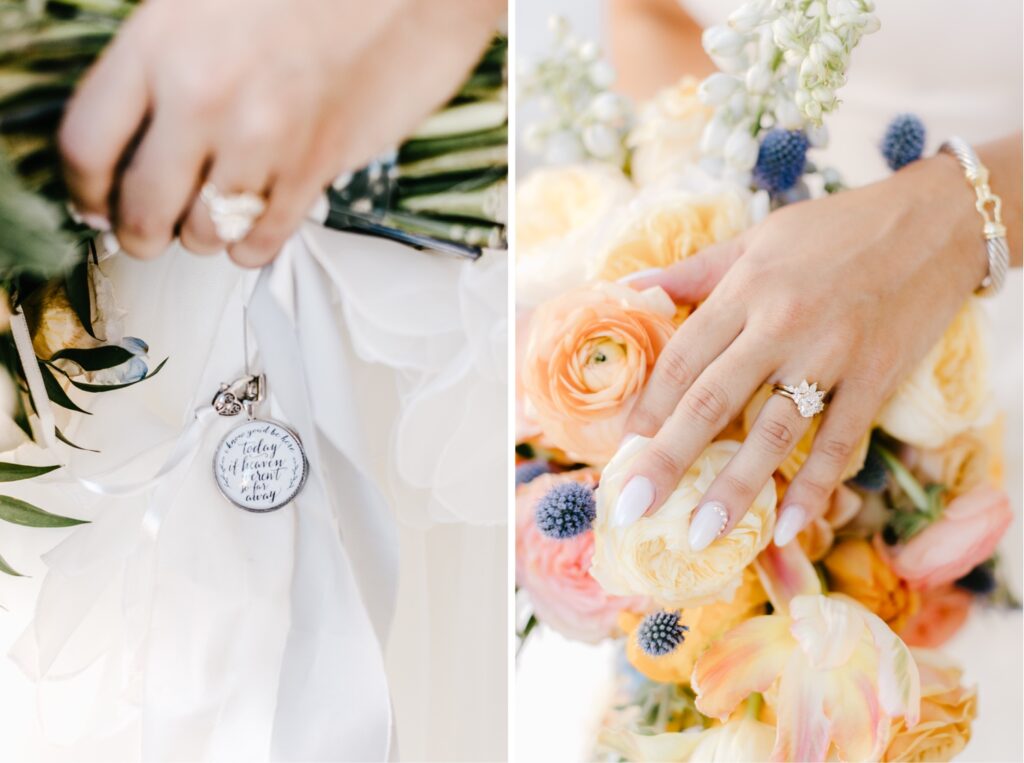 Bride showing off her wedding ring with bright colorful bouquet